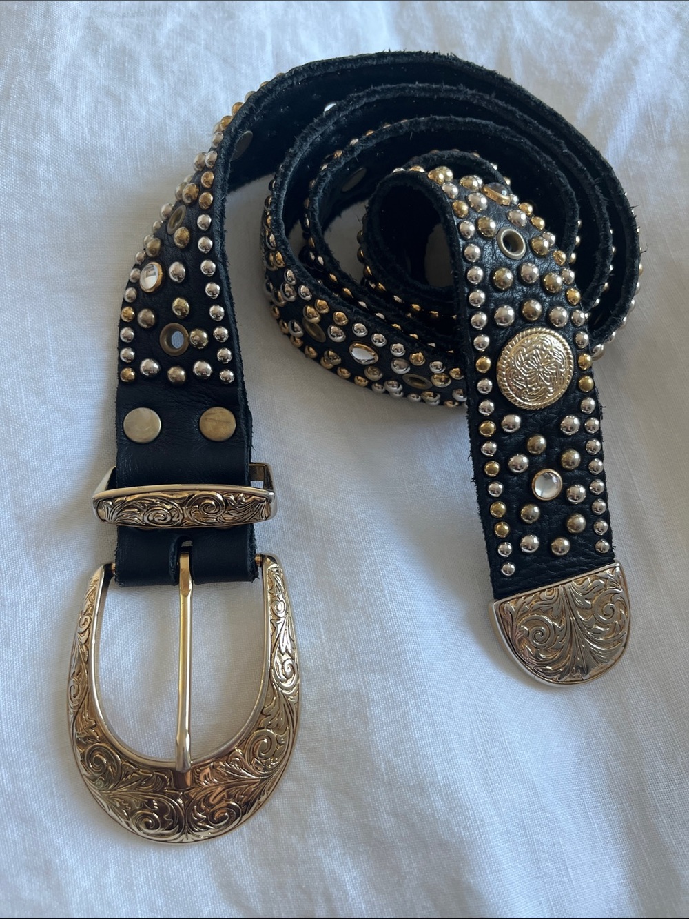 Vintage Sand Castle USA Black Leather Studded Belt with Gold Buckle